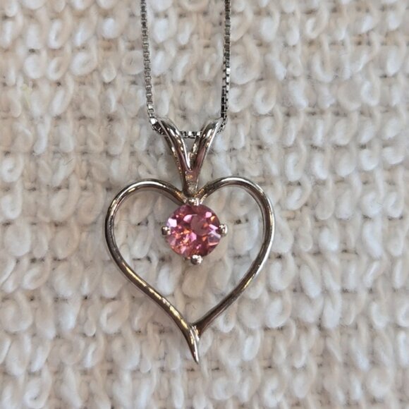 14k White Gold Heart Necklace with Pink Gemstone - Picture 1 of 6